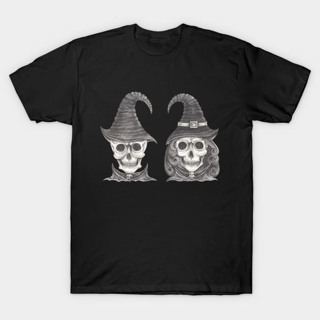 Couple witch and wizard skull. T-Shirt by Jiewsurreal